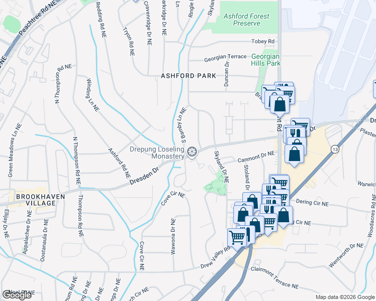 map of restaurants, bars, coffee shops, grocery stores, and more near 2653 South Bamby Lane Northeast in Atlanta
