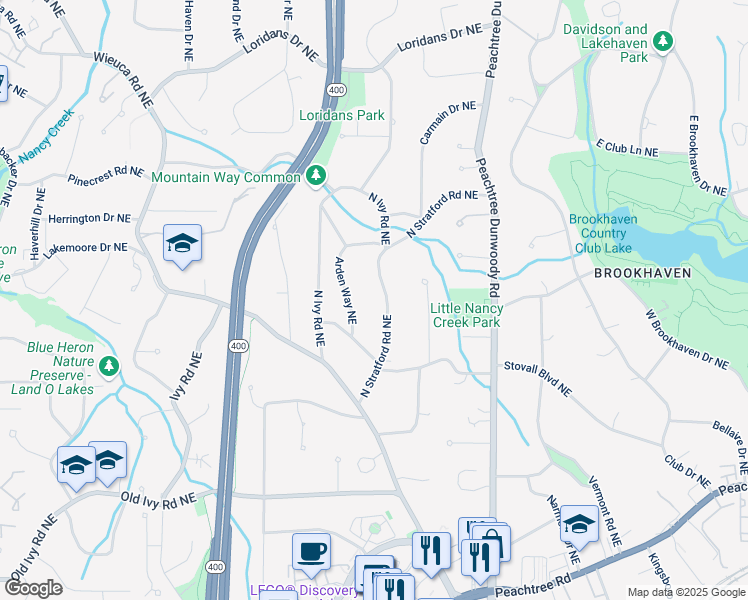 map of restaurants, bars, coffee shops, grocery stores, and more near 4000 North Stratford Road Northeast in Atlanta
