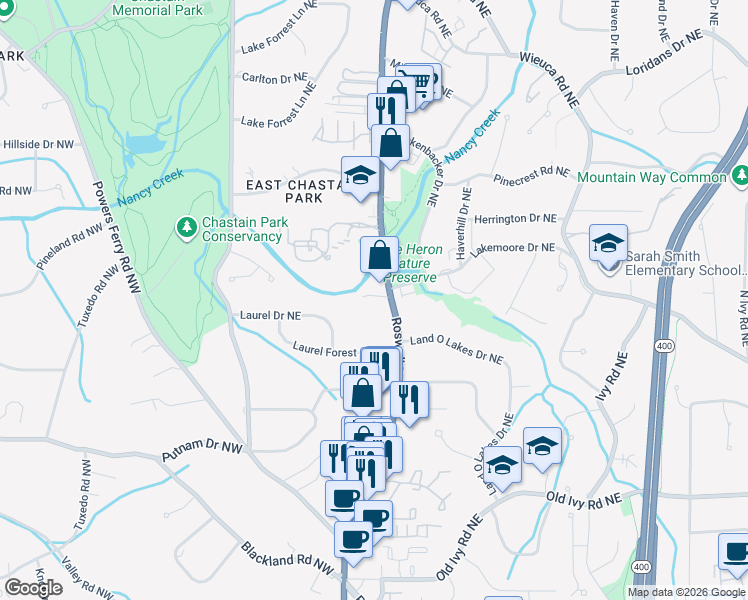 map of restaurants, bars, coffee shops, grocery stores, and more near 4000 Roswell Road Northeast in Atlanta