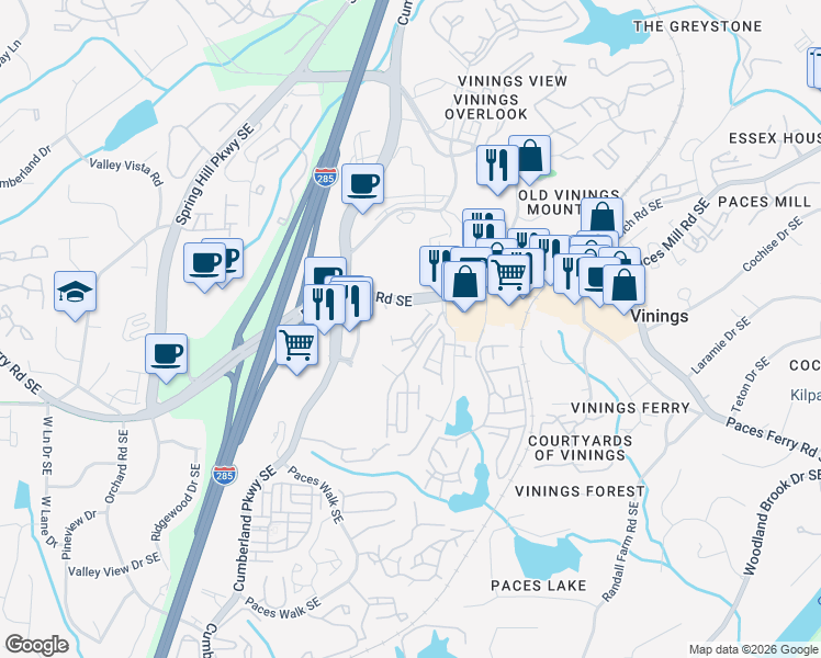 map of restaurants, bars, coffee shops, grocery stores, and more near 2793 Paces Lookout Lane Southeast in Atlanta