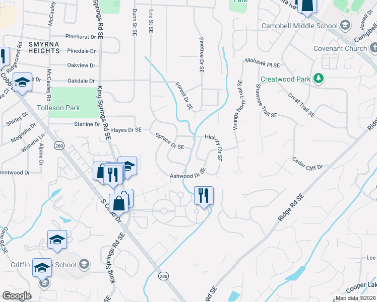 map of restaurants, bars, coffee shops, grocery stores, and more near 3672 Twin Oaks Drive Southeast in Smyrna