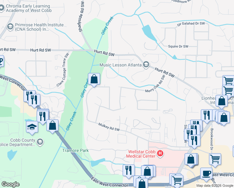 map of restaurants, bars, coffee shops, grocery stores, and more near 3660 Merry Oak Drive Southwest in Marietta