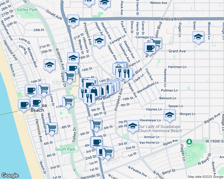 map of restaurants, bars, coffee shops, grocery stores, and more near 1055 Aviation Boulevard in Hermosa Beach