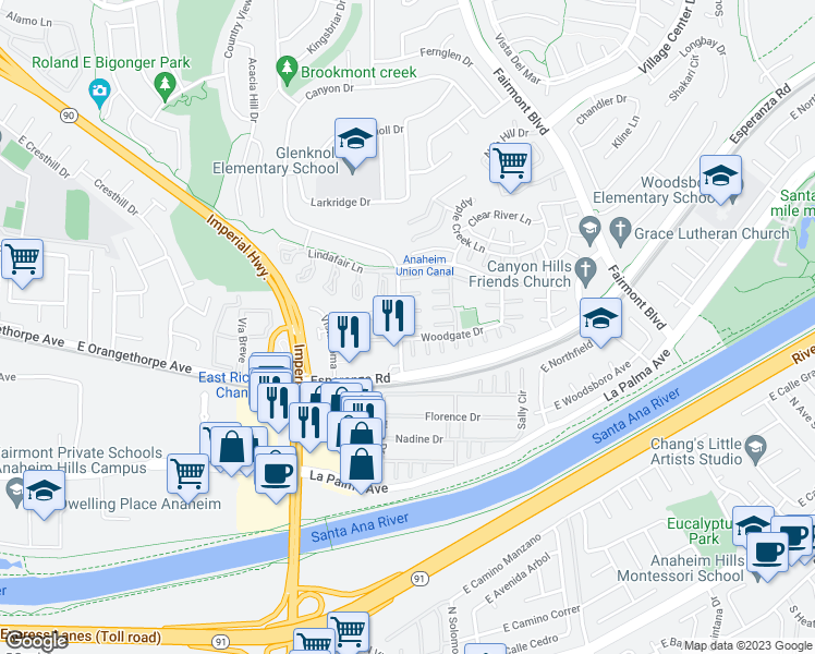 map of restaurants, bars, coffee shops, grocery stores, and more near 20001 Wildwood Court in Yorba Linda