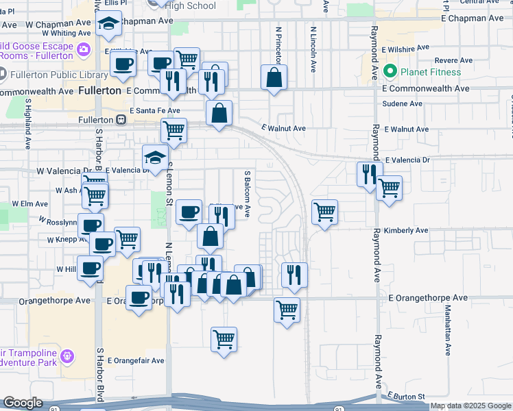 map of restaurants, bars, coffee shops, grocery stores, and more near 15 Pine Via in Anaheim