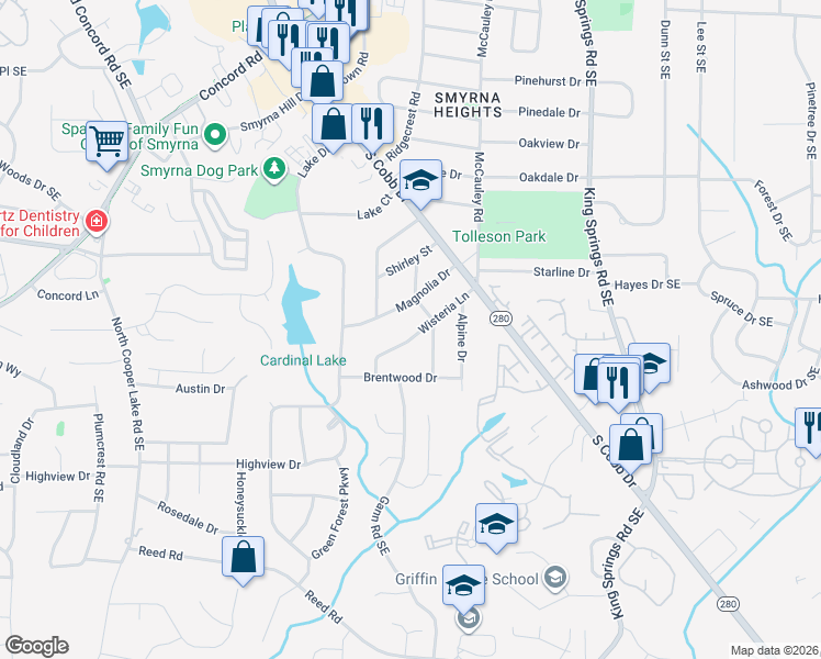 map of restaurants, bars, coffee shops, grocery stores, and more near 3666 Wisteria Lane in Smyrna