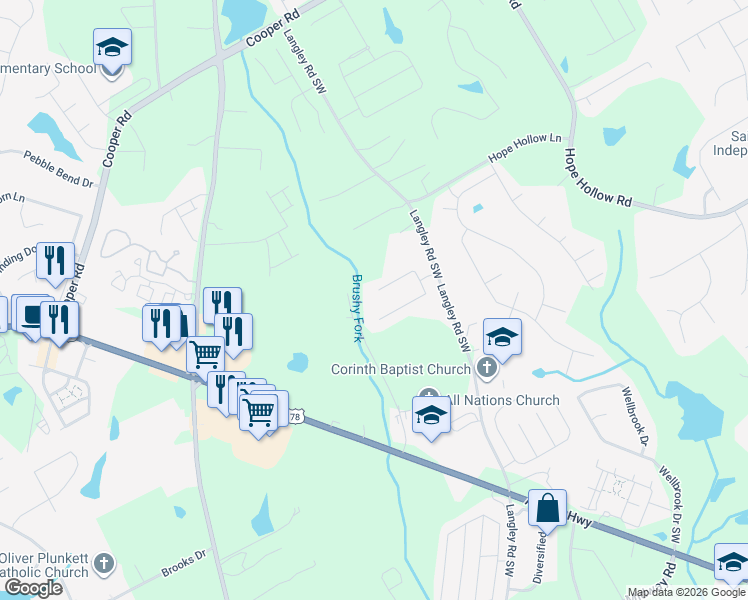 map of restaurants, bars, coffee shops, grocery stores, and more near 611 Langley Farms Drive Southwest in Loganville