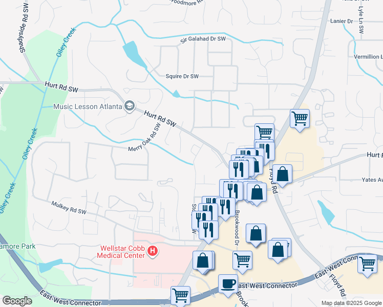 map of restaurants, bars, coffee shops, grocery stores, and more near 3617 Janna Lane Southwest in Marietta