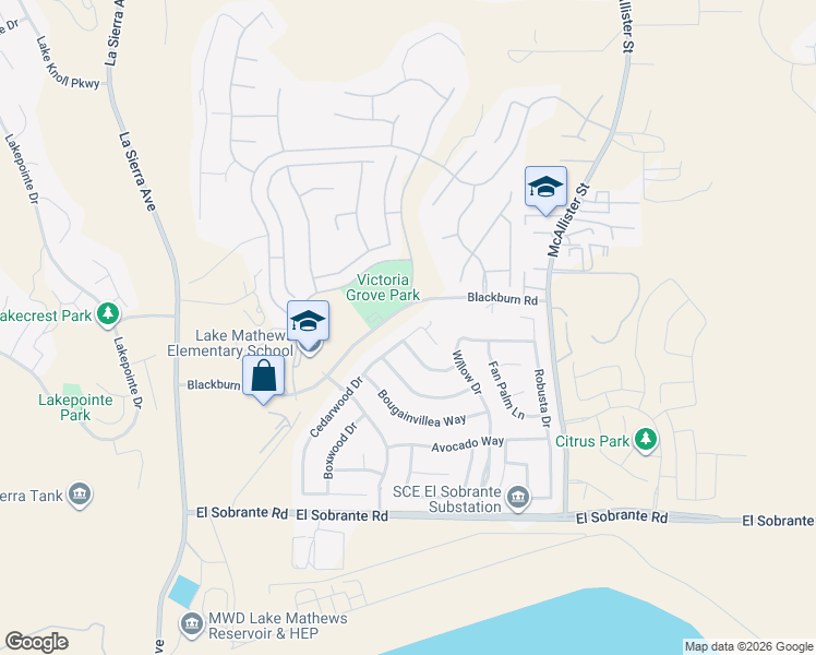 map of restaurants, bars, coffee shops, grocery stores, and more near 17565 Cedarwood Drive in Riverside
