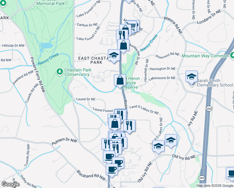 map of restaurants, bars, coffee shops, grocery stores, and more near 4000 Roswell Road Northeast in Atlanta