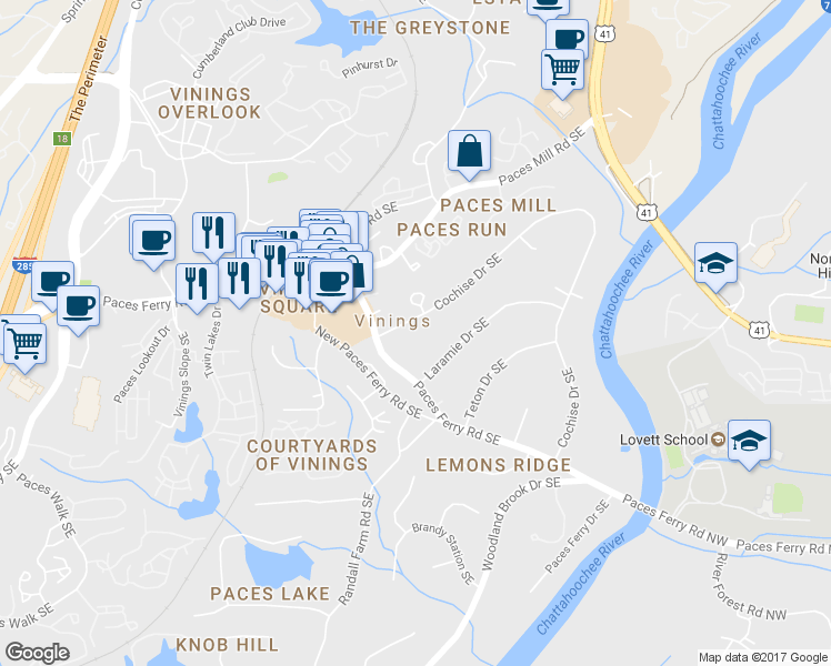 map of restaurants, bars, coffee shops, grocery stores, and more near 3198 Cochise Drive Southeast in Atlanta