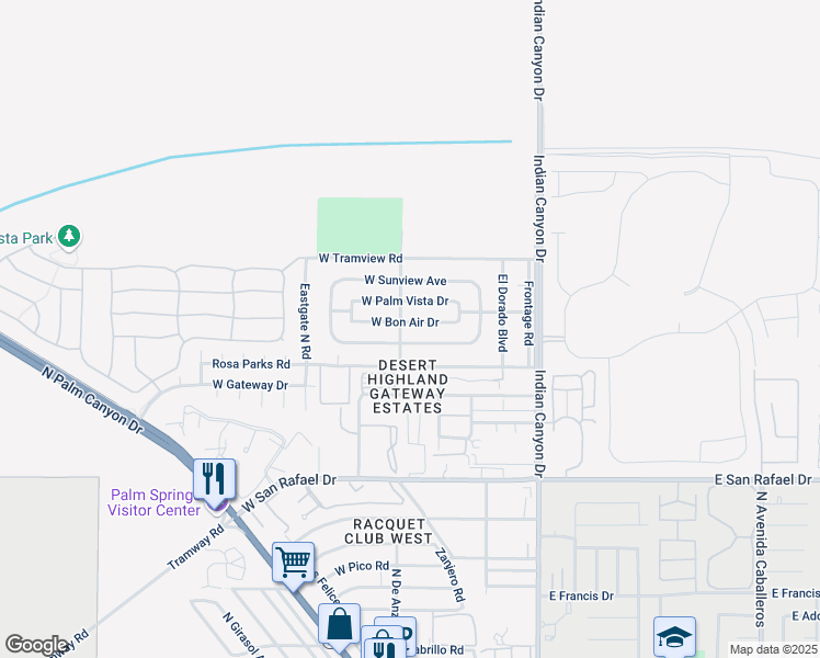 map of restaurants, bars, coffee shops, grocery stores, and more near 389 West Bon Air Drive in Palm Springs