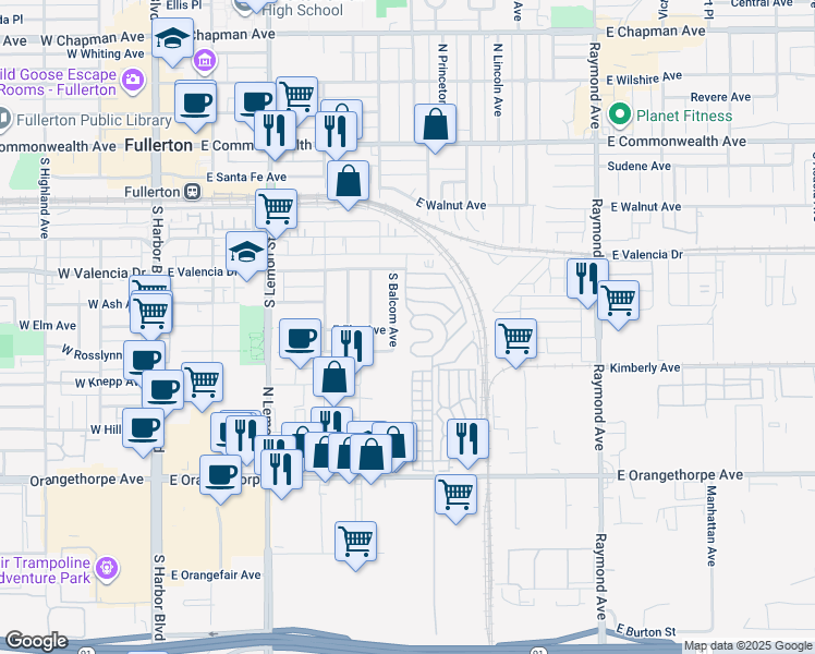 map of restaurants, bars, coffee shops, grocery stores, and more near 15 Pine Via in Anaheim