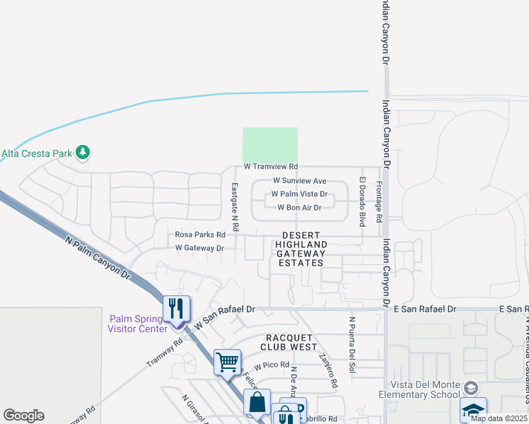 map of restaurants, bars, coffee shops, grocery stores, and more near 529 West Bon Air Drive in Palm Springs