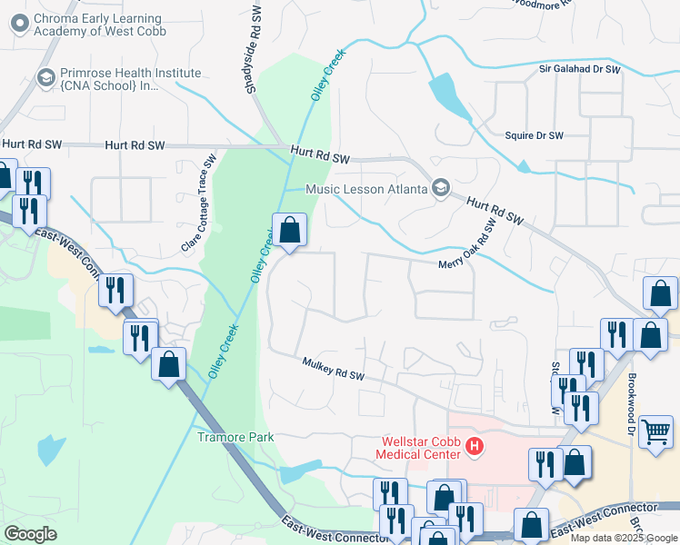 map of restaurants, bars, coffee shops, grocery stores, and more near 2101 Mulkey Road Southwest in Marietta
