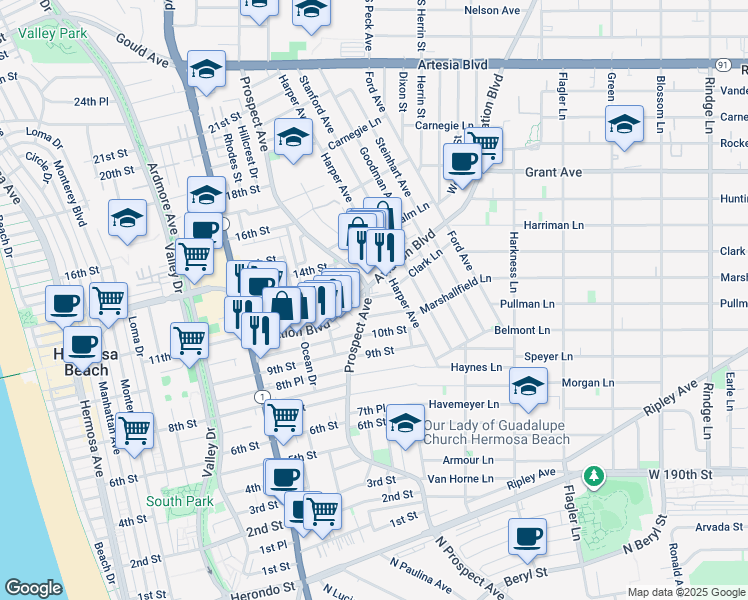 map of restaurants, bars, coffee shops, grocery stores, and more near 1132 Prospect Avenue in Hermosa Beach