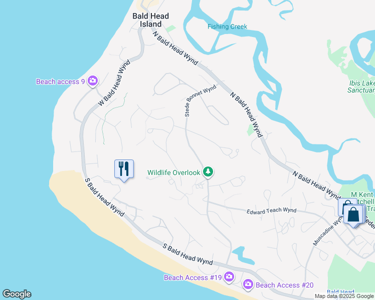 map of restaurants, bars, coffee shops, grocery stores, and more near 206 Stede Bonnet Wynd in Bald Head Island