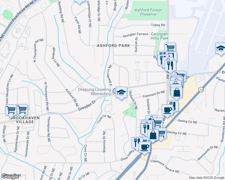 map of restaurants, bars, coffee shops, grocery stores, and more near 2653 South Bamby Lane Northeast in Atlanta