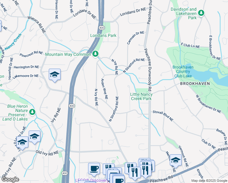 map of restaurants, bars, coffee shops, grocery stores, and more near 4000 North Stratford Road Northeast in Atlanta