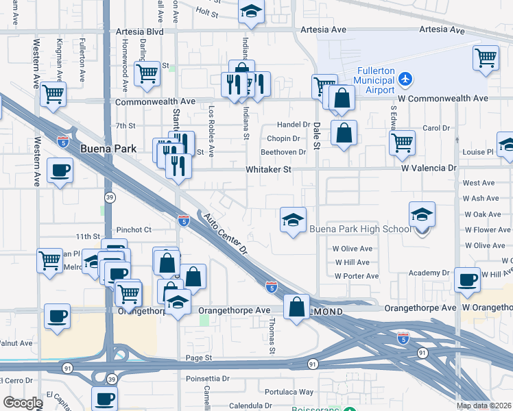 map of restaurants, bars, coffee shops, grocery stores, and more near 8273 California Street in Buena Park