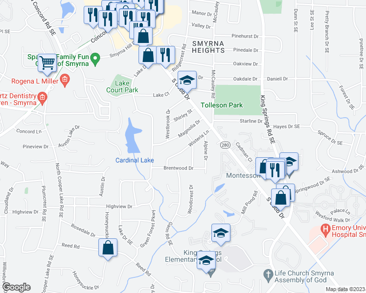 map of restaurants, bars, coffee shops, grocery stores, and more near 3666 Wisteria Lane in Smyrna