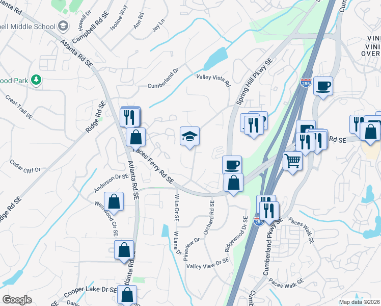 map of restaurants, bars, coffee shops, grocery stores, and more near Spring Hill Parkway Southeast in Smyrna