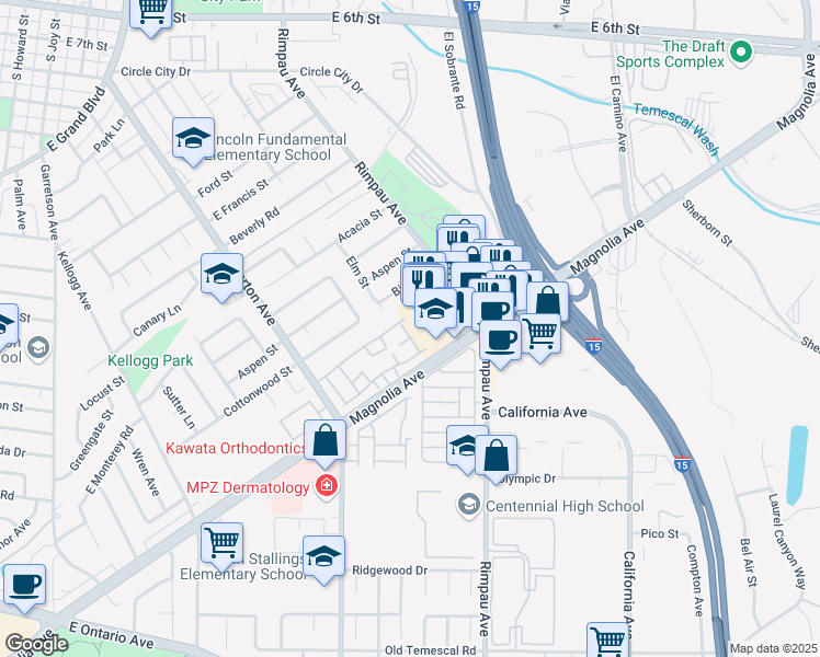 map of restaurants, bars, coffee shops, grocery stores, and more near 1601 Wintergreen Lane in Corona