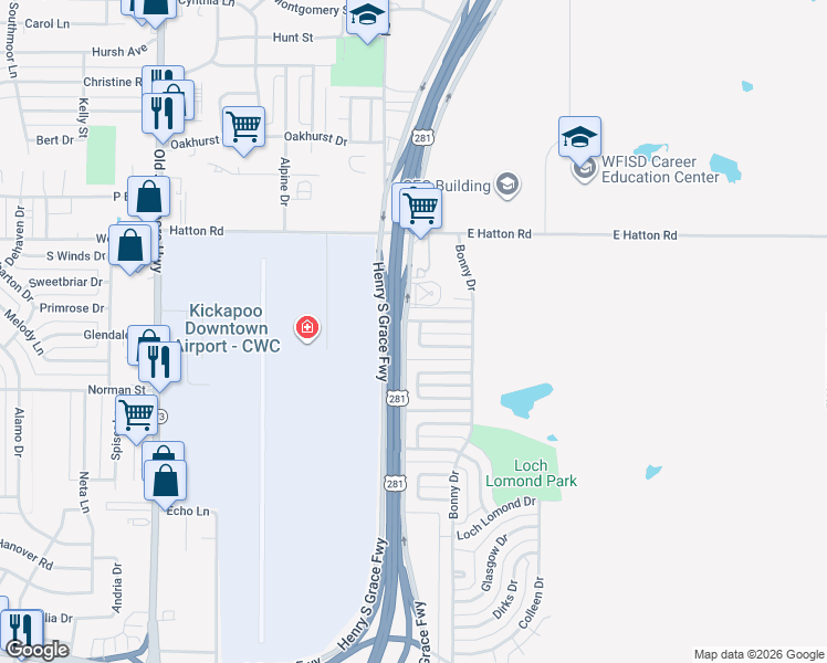 map of restaurants, bars, coffee shops, grocery stores, and more near 108 Dundee Drive in Wichita Falls