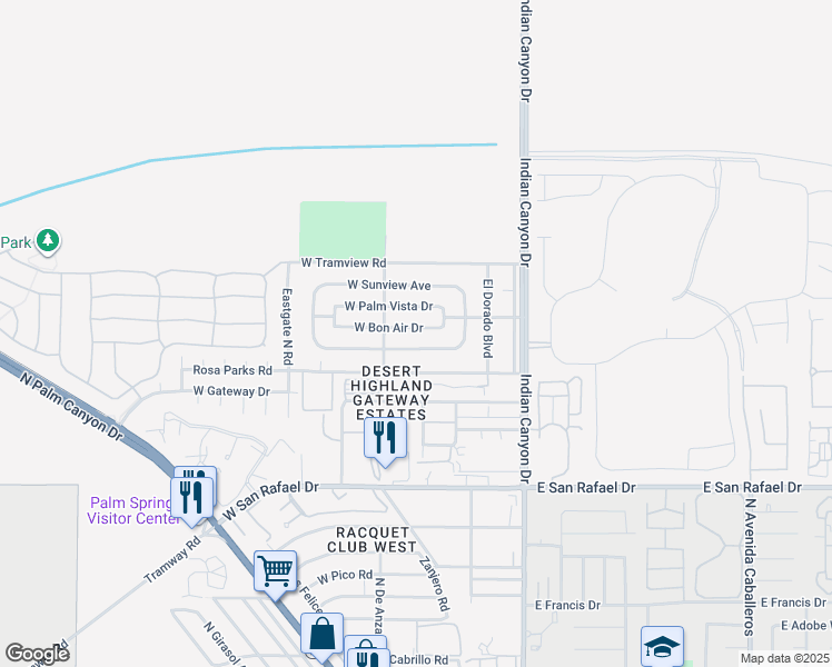 map of restaurants, bars, coffee shops, grocery stores, and more near 359 West Bon Air Drive in Palm Springs