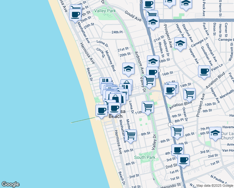 map of restaurants, bars, coffee shops, grocery stores, and more near 1414 Manhattan Avenue in Hermosa Beach