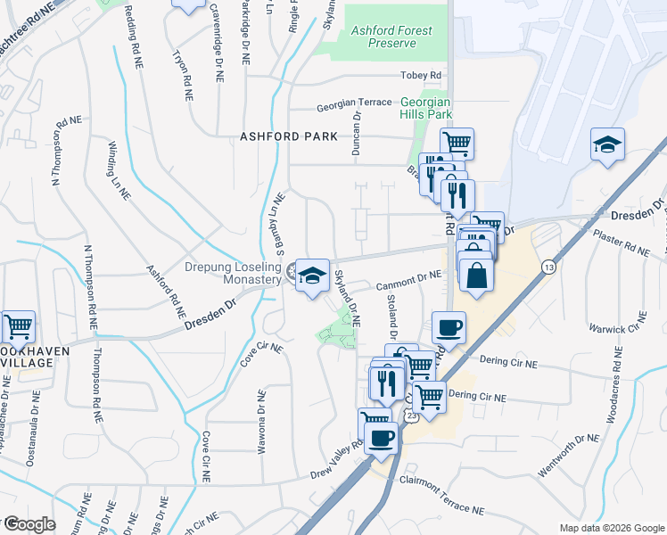 map of restaurants, bars, coffee shops, grocery stores, and more near 1255 South Garden Court Northeast in Atlanta