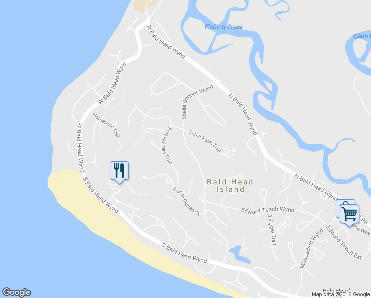 map of restaurants, bars, coffee shops, grocery stores, and more near 206 Stede Bonnet Wynd in Bald Head Island