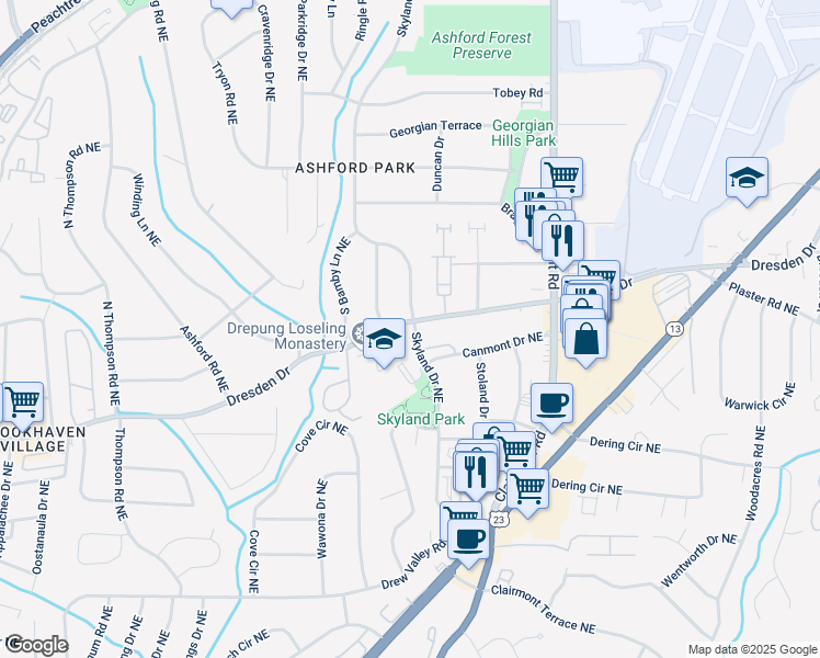 map of restaurants, bars, coffee shops, grocery stores, and more near 1831 Dresden Drive Northeast in Atlanta