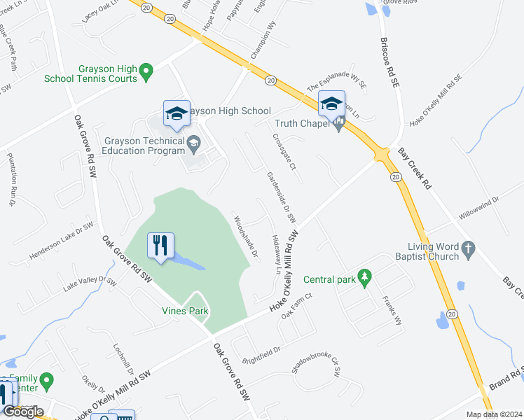 map of restaurants, bars, coffee shops, grocery stores, and more near 3267 Hideaway Lane in Loganville