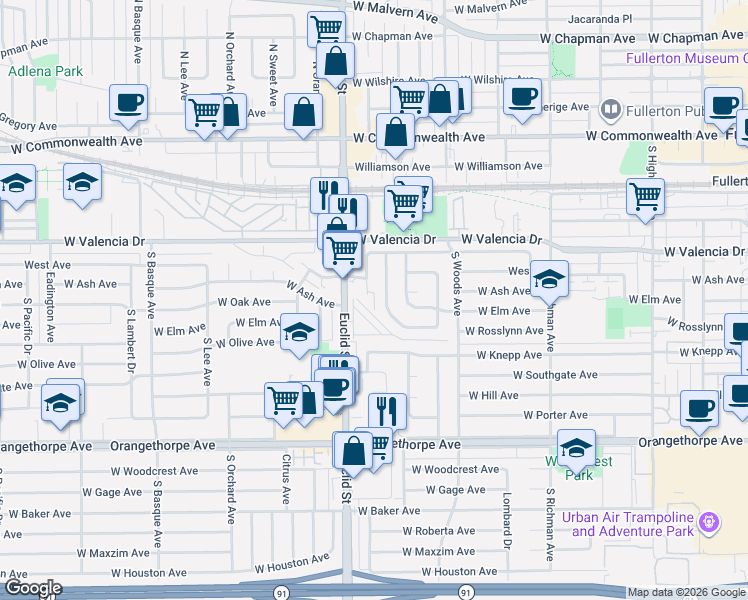 map of restaurants, bars, coffee shops, grocery stores, and more near 637 Liberation Way in Fullerton