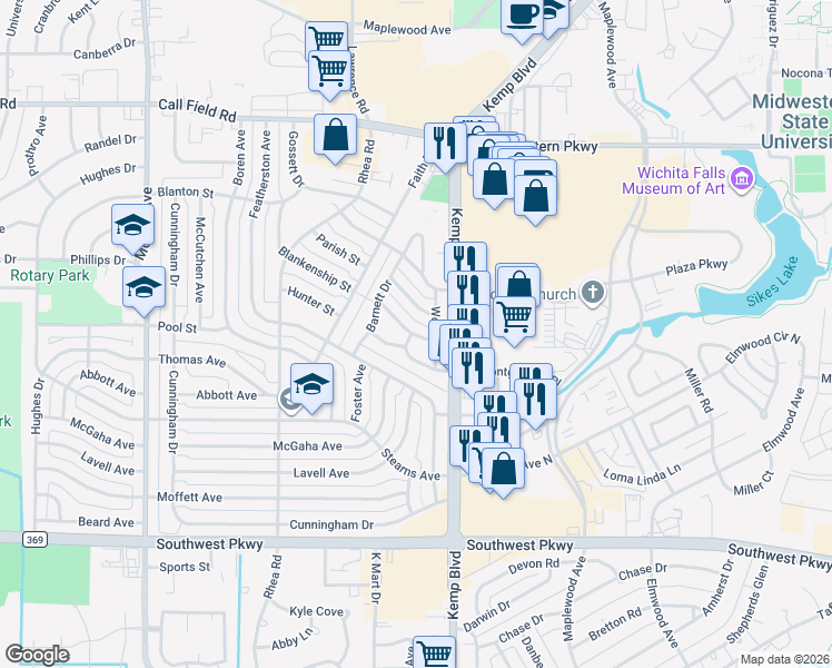map of restaurants, bars, coffee shops, grocery stores, and more near 2815 Montgomery Place in Wichita Falls