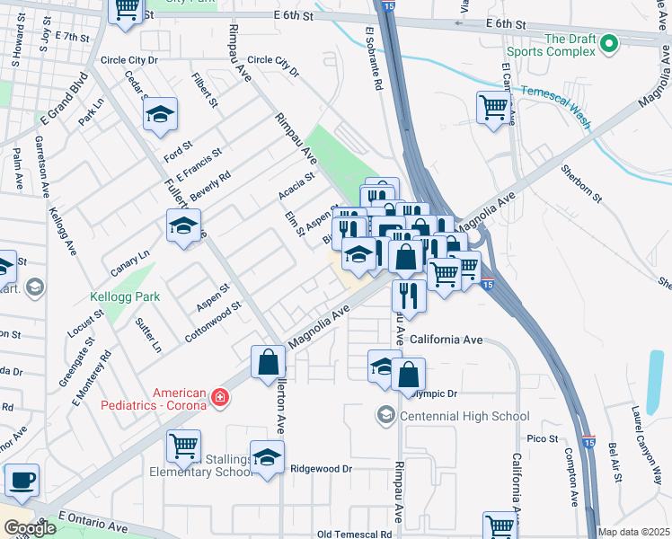map of restaurants, bars, coffee shops, grocery stores, and more near 1601 Wintergreen Lane in Corona