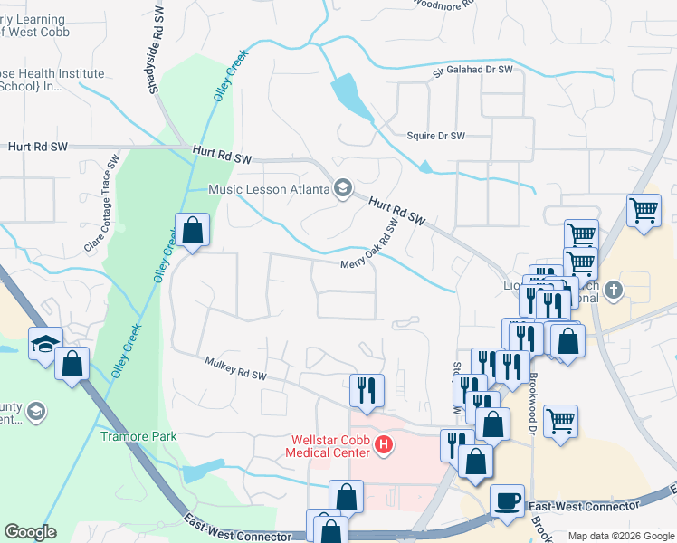 map of restaurants, bars, coffee shops, grocery stores, and more near 1767 Merry Oak Road Southwest in Marietta