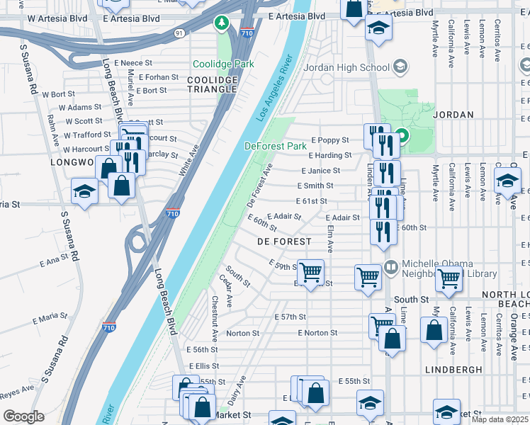 map of restaurants, bars, coffee shops, grocery stores, and more near 142 East Adair Street in Long Beach