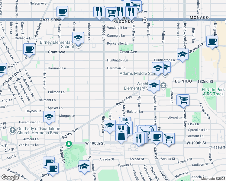 map of restaurants, bars, coffee shops, grocery stores, and more near 2215 Pullman Lane in Redondo Beach