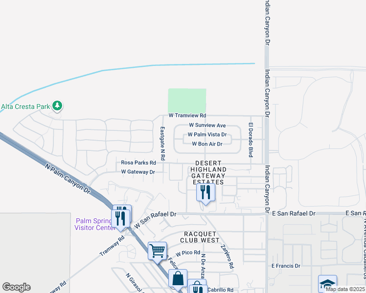 map of restaurants, bars, coffee shops, grocery stores, and more near 529 West Bon Air Drive in Palm Springs