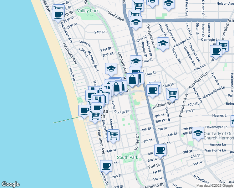 map of restaurants, bars, coffee shops, grocery stores, and more near 1184 Cypress Avenue in Hermosa Beach