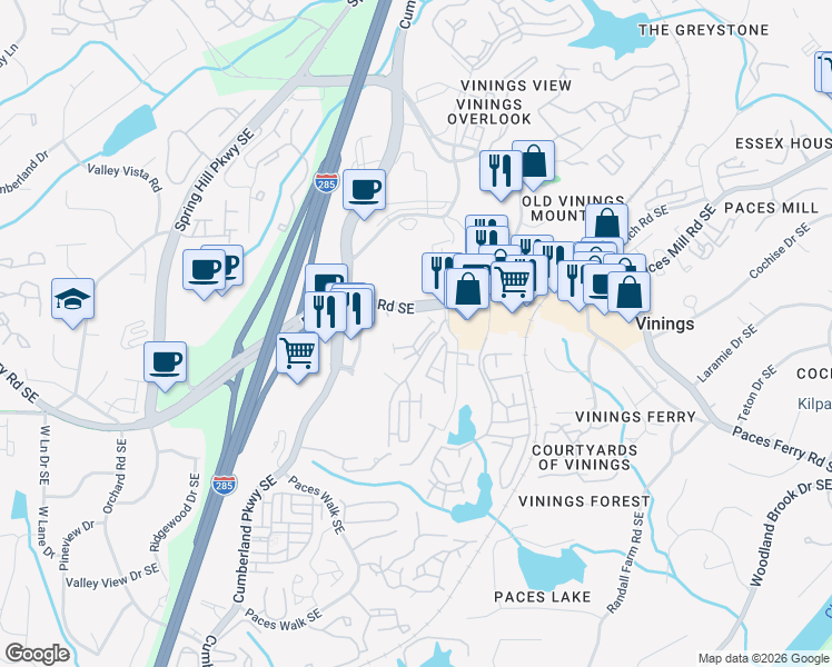 map of restaurants, bars, coffee shops, grocery stores, and more near 2801 Paces Lookout Lane Southeast in Atlanta