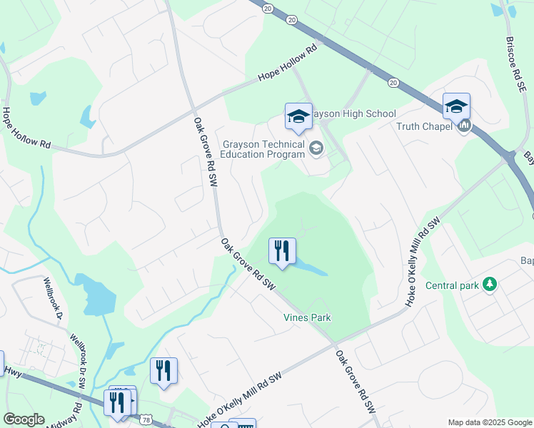 map of restaurants, bars, coffee shops, grocery stores, and more near 3390 Watson Gate Road Southwest in Loganville