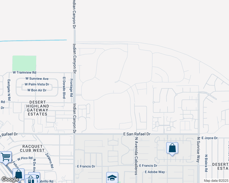 map of restaurants, bars, coffee shops, grocery stores, and more near 656 Palladium Boulevard in Palm Springs