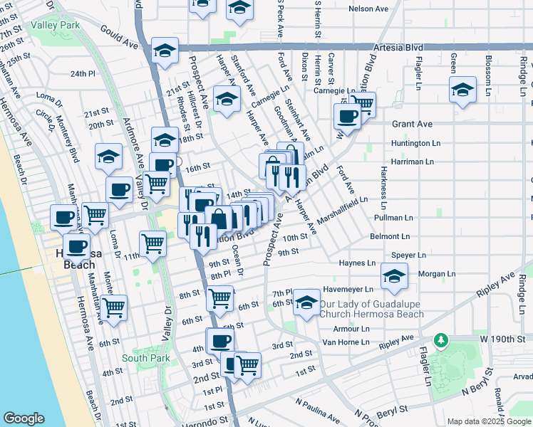 map of restaurants, bars, coffee shops, grocery stores, and more near 1109 Prospect Avenue in Hermosa Beach