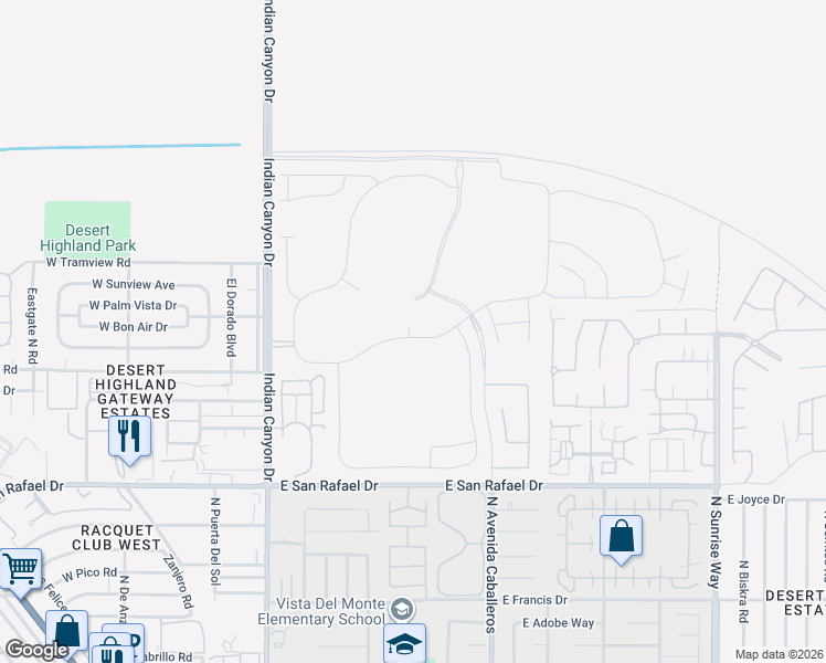 map of restaurants, bars, coffee shops, grocery stores, and more near 656 Palladium Boulevard in Palm Springs