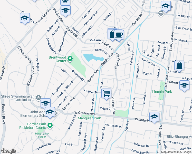 map of restaurants, bars, coffee shops, grocery stores, and more near 1305 Brentwood Circle in Corona