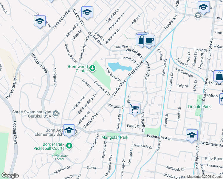 map of restaurants, bars, coffee shops, grocery stores, and more near 1411 Brentwood Drive in Corona