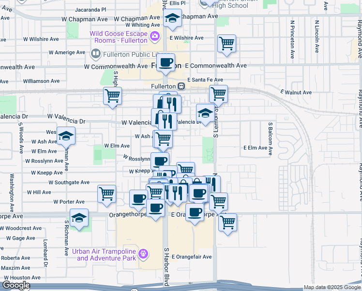 map of restaurants, bars, coffee shops, grocery stores, and more near 143 East Rosslynn Avenue in Fullerton